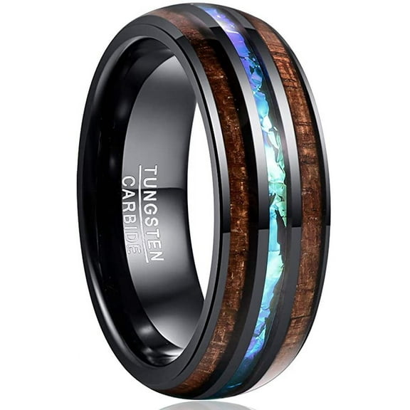 8mm Hawaiian Koa Wood Tungsten Rings Dome Abalone Shell/Blue Center Wedding Bands for Men Women Comfort Fit Size 7 to 14