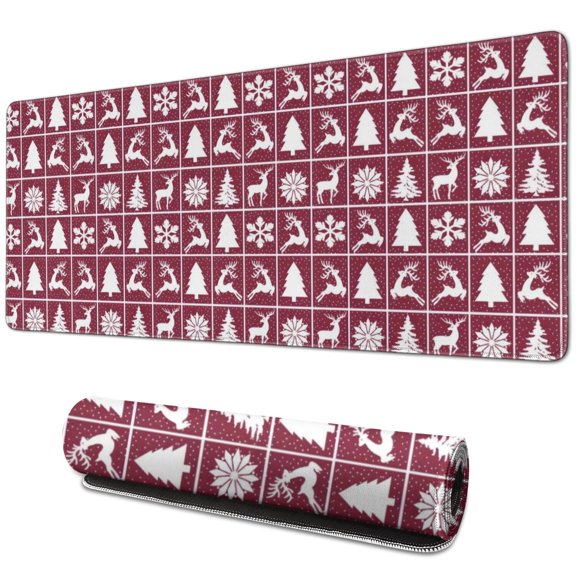 Long Mouse Pads for Desk,Red Christmas Deer and Tree Pattern Desk Mats on Top Of Desks, Desk Mouse Pad Extra Large with 3mm Non-Slip Base and Stitched Edge for Gaming,Office,Work,Home 31.5x11.8in