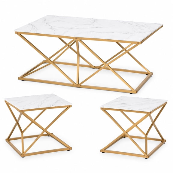 3-Piece Nesting Coffee Table Set, Faux Marble Tabletop with Gold Metal Frame, Includes 2 Square Side Tables, Ideal for Living Room Apartment Office