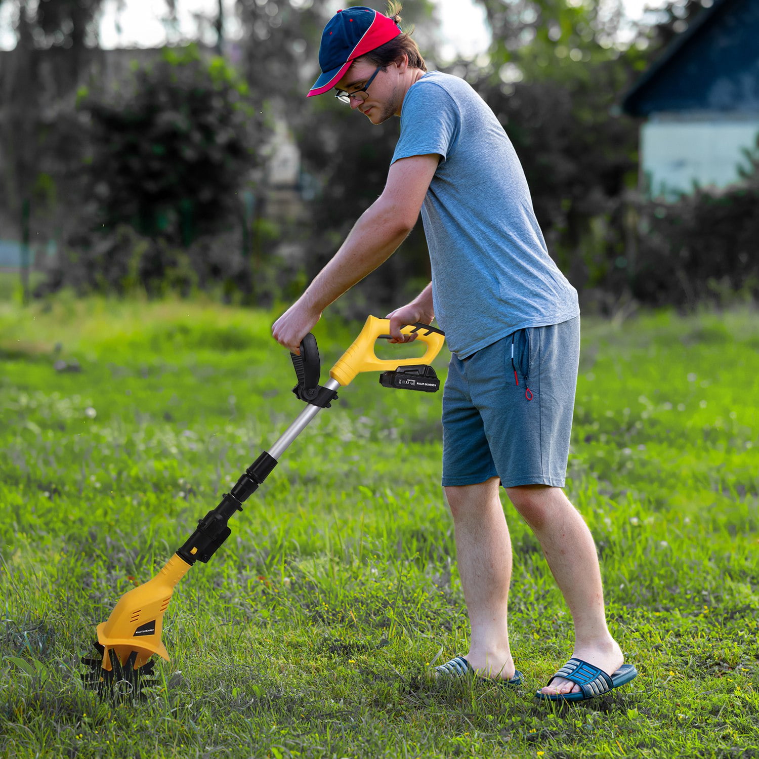 TeqHome Cordless Electric Garden Tiller 20V 2000mAh Rechargeable Battery Powered Each Side 10 Pcs Manganese Steel Blades 180° Adjustable Grip Handle Extandable Rod for Garden Yard Lawn Yellow