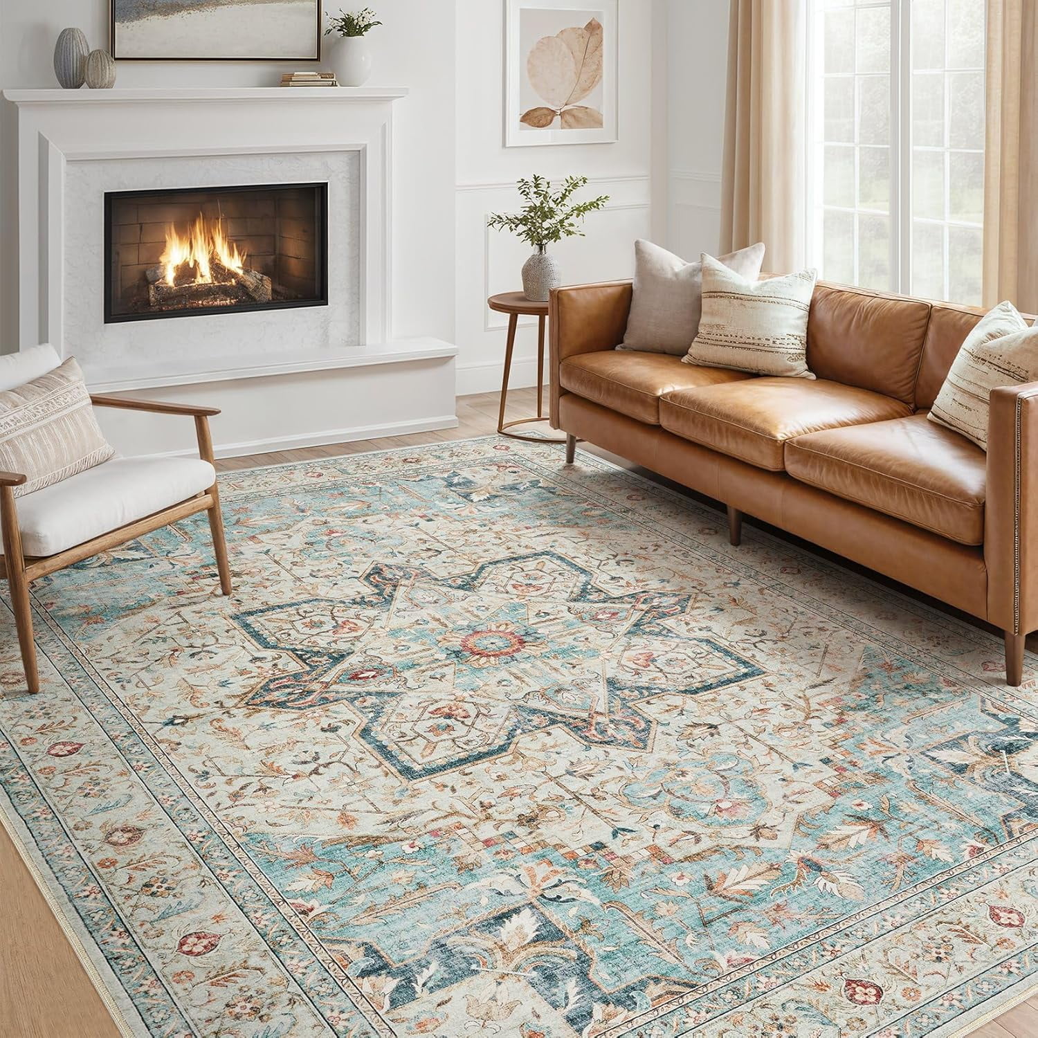 Toyoso 10x14 Area Rug Living Room Rugs - Washable Boho Rug Vintage Oriental Distressed Farmhouse Large Thin Indoor Carpet for Living Room Bedroom Under Dining Table Home Office - Aqua Multi