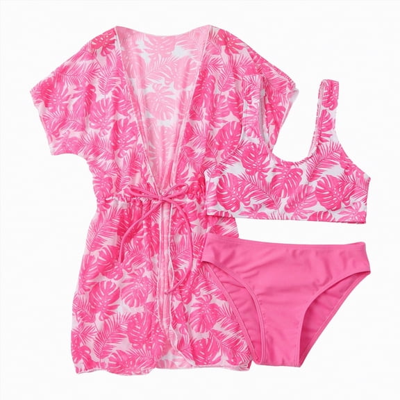 CAUYDY 2T 3T 4T Toddler Kids Girls 3 Piece Bikini Swimsuit 5T 6T 7T 8T Children Girls Bathing Suit with Cover Ups 10T 11T 12T 13T Teen Girls Summer Swimwear (Sizes 6-7 Years,H03-Hot Pink)