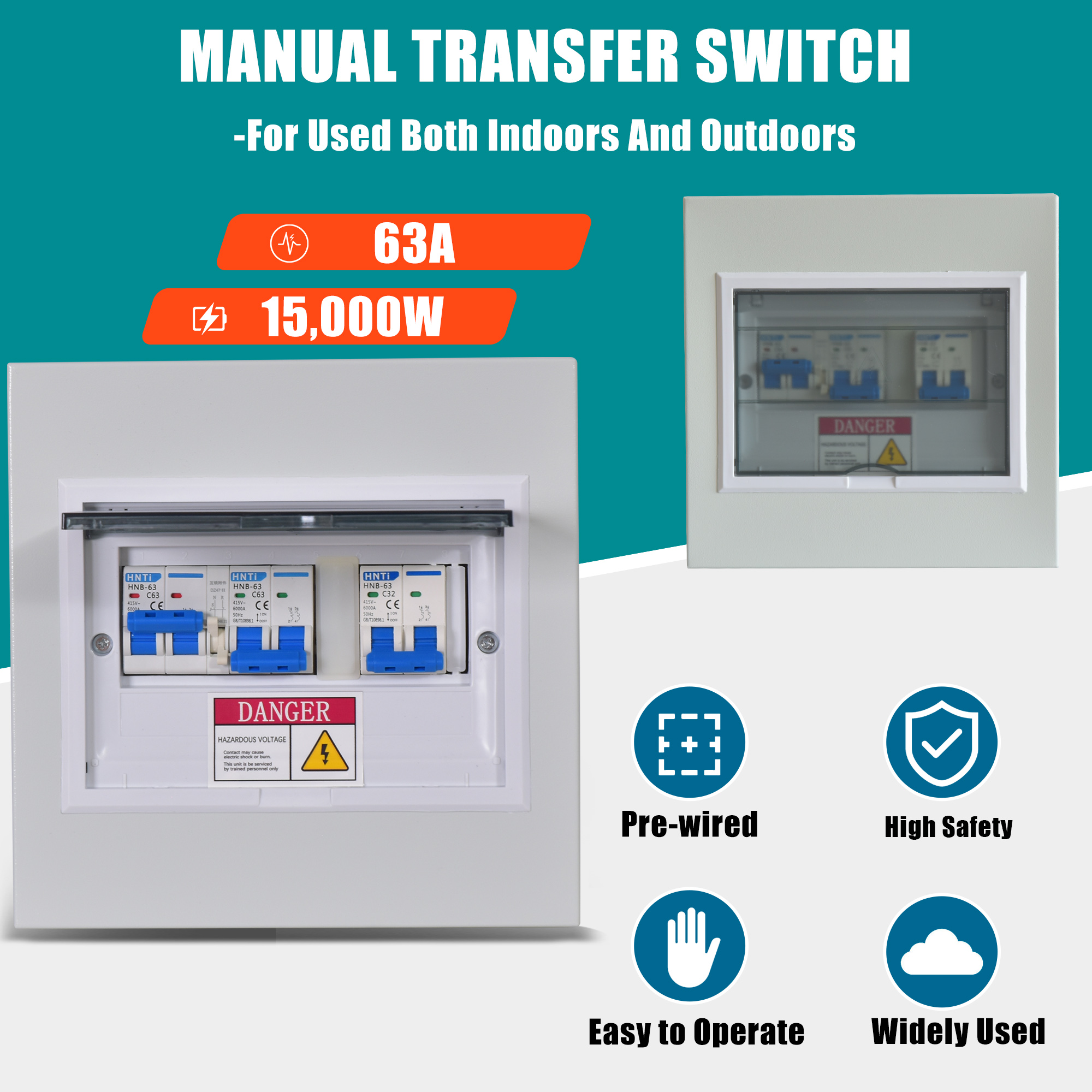 Generator Transfer Switch, 63 Amp Manual Transfer Switch, 120/240-Volt 15,000-Watt Prewired Transfer Switch Kit with 3 Circuit Breaker for Portable Generators, Easy Installation, Upgraded