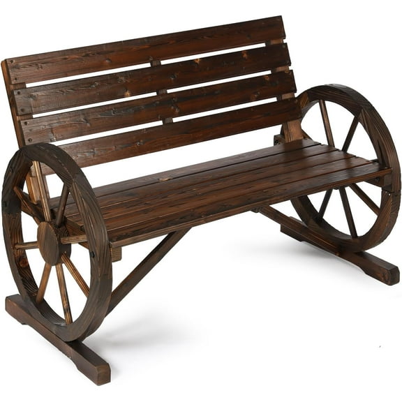 Wooden Wagon Wheel Bench, 2-Person Solid Wood Garden Bench, Rustic Wooden Seat Wagon Wheel Bench Patio Loveseat W/Slatted Backrest, Outdoor Garden Bench for Lawn Yard Porch Park