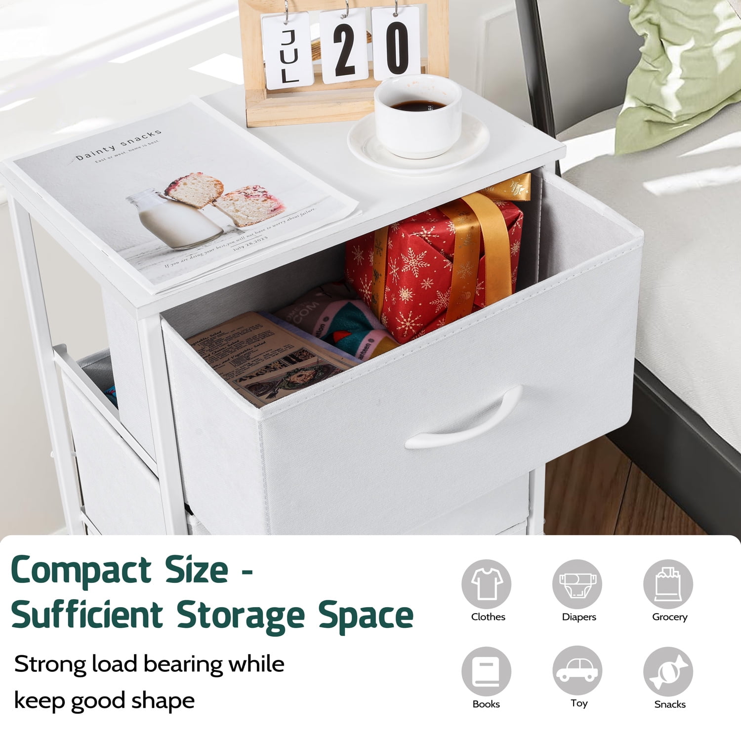 4 Drawers Dresser for Bedroom, Vesteel Fabric Chest of Drawers Tall Storage Tower with Wood Top and Sturdy Steel Frame, Storage Organizer Unit for Closet, Living Room, Hallway - White