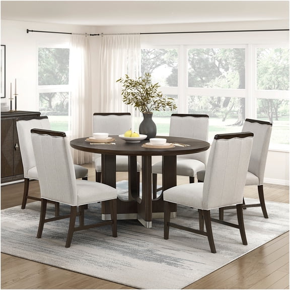 JERFIT 7-Piece Round Dining Set with Beige Fabric Chairs, Modern Brown Wood Table and Metallic Base for 6