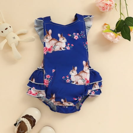 

jsaierl Baby Easter Casual Fashion Bodysuit Girls Baby Strap Lace Rabbit Print Bodysuit