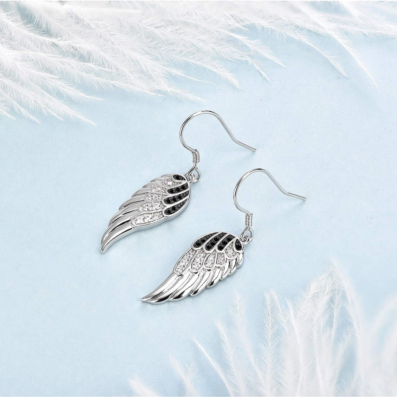 Starchenie Black Angel Wings Dangle Earrings for Women 925 Sterling Silver Cubic Zirconia Threader Earrings