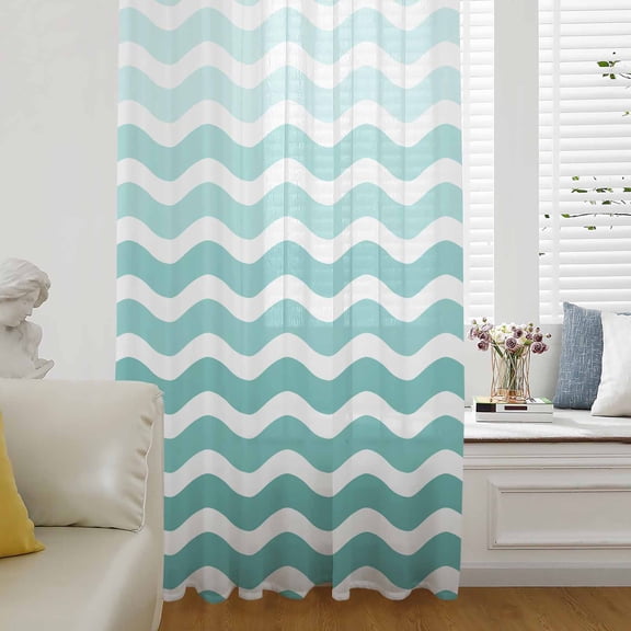 Geometric Turquoise Ombre Semi Sheer Curtains Drapes for Living Room,Bedroom,French Doors Window 84 Inches Long,Modern Gradient White Ocean Striped Rod Pocket Chiffon Curtain Drapery Voile Panel