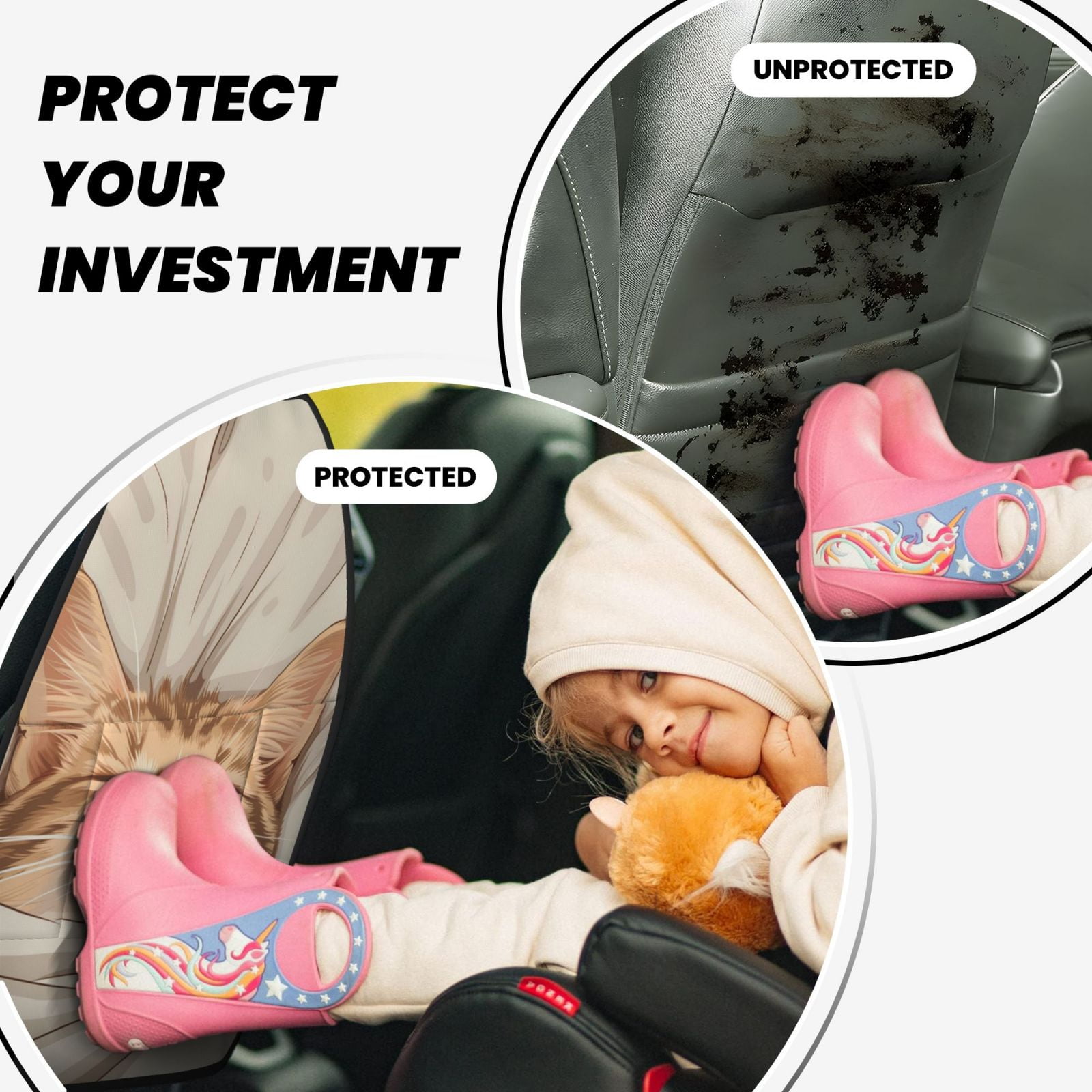 Kdxio Sleeping Cat In Blanket Print 2 Pack Car Kick Mat Seat Cover Back Protector Mat with Pockets for Organizer Backseat Protector and Storage Anti Kick Pad for Vehicles