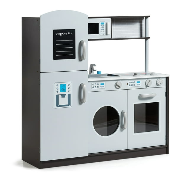 Costway Juego de cocina para niños, cocina de madera para jugar con fregadero y grifo, cocina con sonidos de clic, horno y microondas, juego de simulación de chef con pizarra para niños de 3 a 8 años