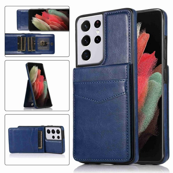 Dteck Back Wallet Phone Case for Samsung Galaxy S21 Ultra 4G 5G with ID & Credit Card Holder Slots Pockets Wallet Back Cover Stand Flip Folio Leather Cell Cases Women Men, Darkblue