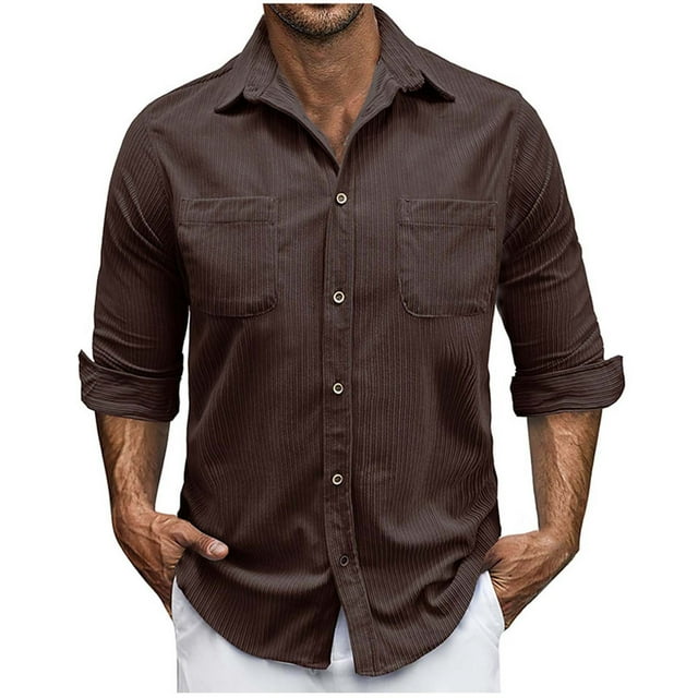 hotojiny Mens Corduroy Button down Shirts Shacket Vintage Textured Long Sleeve Jacket Lightweight Work Shirts with Pockets