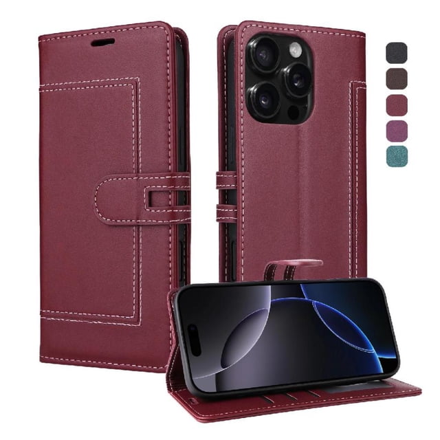 Étui Portefeuille Premium pour iPhone 16 Pro avec Fentes pour Cartes et Support, Étui à Rabat Rouge