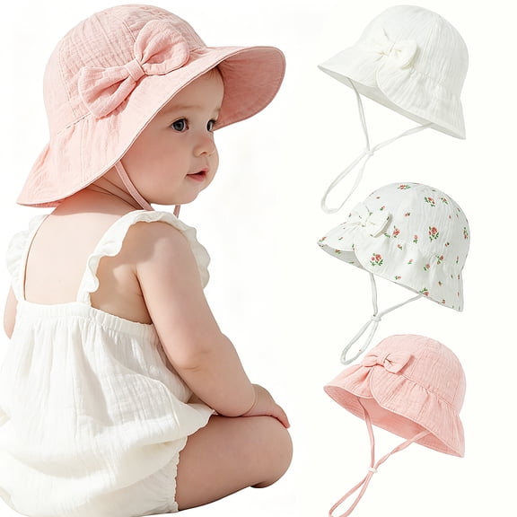Allhall 3 Pack Muslin Toddler Baby Sun Hat, UPF 50 Sun Protection Foldable Baby Bucket Hat, Adjustable Wide Brim Beach Hat for Kids, Age 3-12 Months