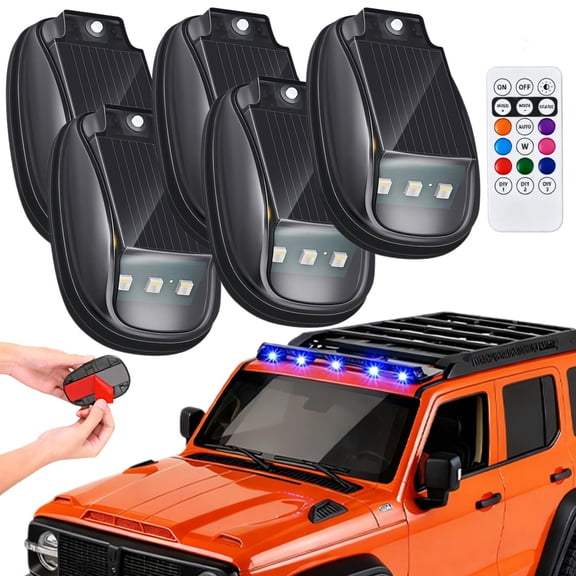 Solar Car Roof RGB Strobe Light with Remote Control, Wireless LED Strobe Lights with Remote Control, 8 Colors, Smart Sensing Marker Light for Motorcycle, Vehicle, Truck Use, Night Driving (5Pcs)