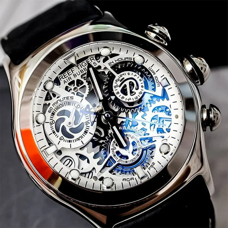 Reef Tiger/RT Mens Sport Watches with Chronograph Skeleton