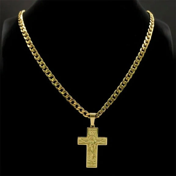 14K Yellow Gold Cross Jesus Pendant Necklace for Men Gold Color Hip Hop Cuban Chain Religious Crucifix Necklaces Jewelry C195