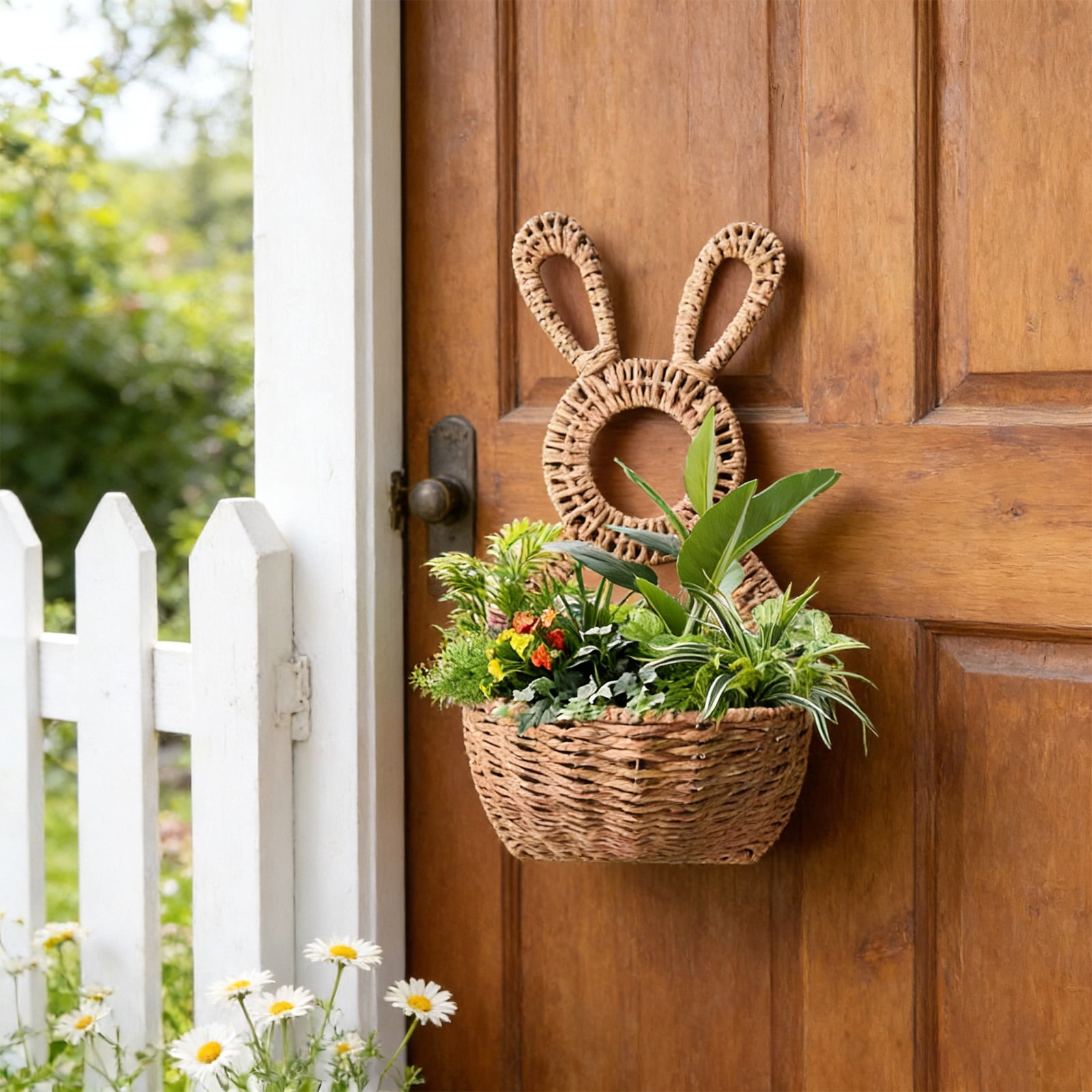 HaCpiu Easter Bunny Shaped Woven Basket, 15.7" Handwoven Rattan Rabbit Hanging Storage Basket, Easter Decor for Wall, Planter, Spring Celebrations & Home Decor