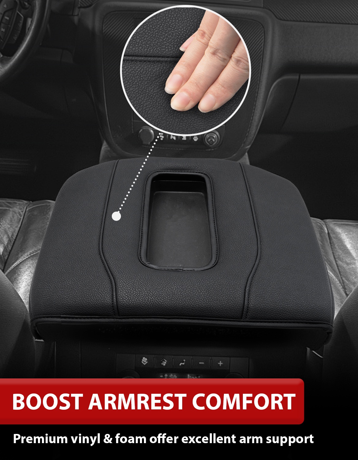 KBH Center Console Cover for 2007-2014 Chevy Silverado Tahoe Suburban Avalanche, GMC Sierra Yukon, Black Leather Armrest Cover for Car Interior Accessories (Bucket Seat Only)