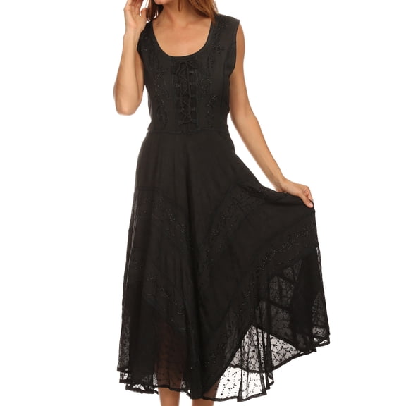 Sakkas Kevina Stonewashed Rayon Embroidered Dress - Black - 1X/2X