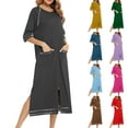 thumbnail image 3 of Dezsed Nightgowns for Women Zipper Front Long Robes Crewneck Nightshirts Short Sleeve Soft Sleepwear Side Split Pockets Green M, 3 of 3