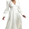 thumbnail image 4 of Robe Maxi Formelle en Satin pour Femmes Manches Longues Bouffantes Col en V Profond Taille Empire Robe de Soirée Cocktail Rouge Vin TG, 4 of 8