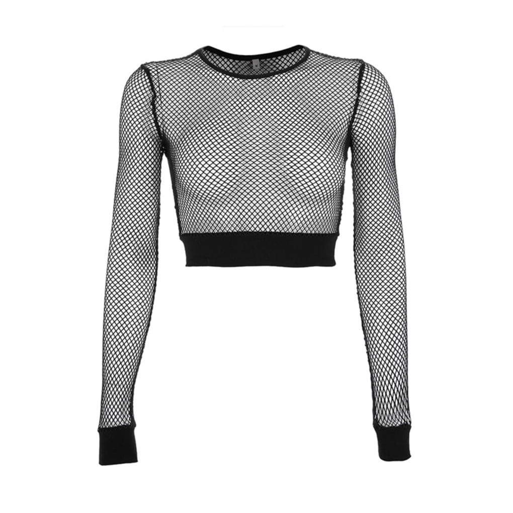 Long Sleeve Fishnet Top Thong Set Cami Sheer Clubwear Costume Lingerie 1447 