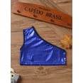 thumbnail image 3 of Sinleey Kids Girls Metallic Single Shoulder Crop Top Athletic Dance Sports Training Bra Tanks Royal Blue 150-160, 3 of 6