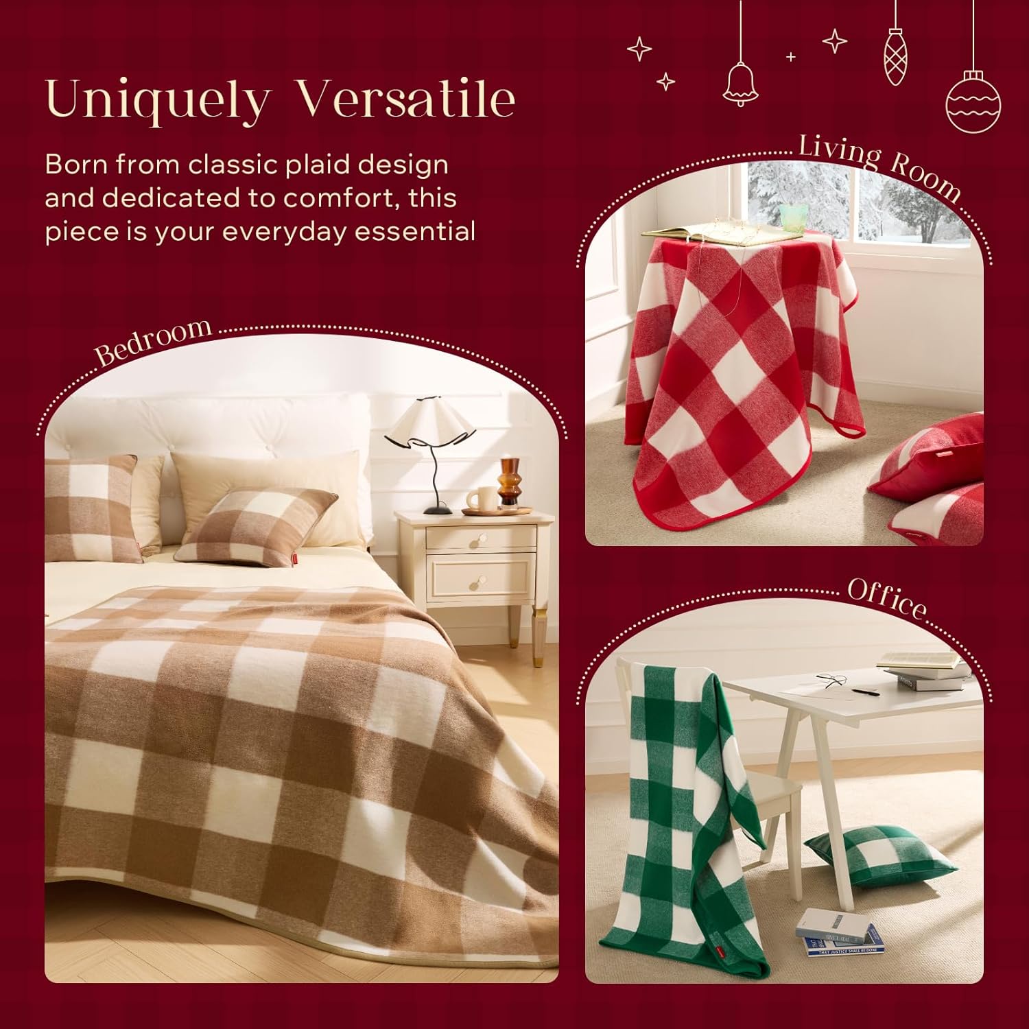 Pack of 2 Christmas Throw Pillow Covers, 18x18 Inch Faux Wool Buffalo Check Plaid with Locking Edge, Green Holiday Decor for Couch