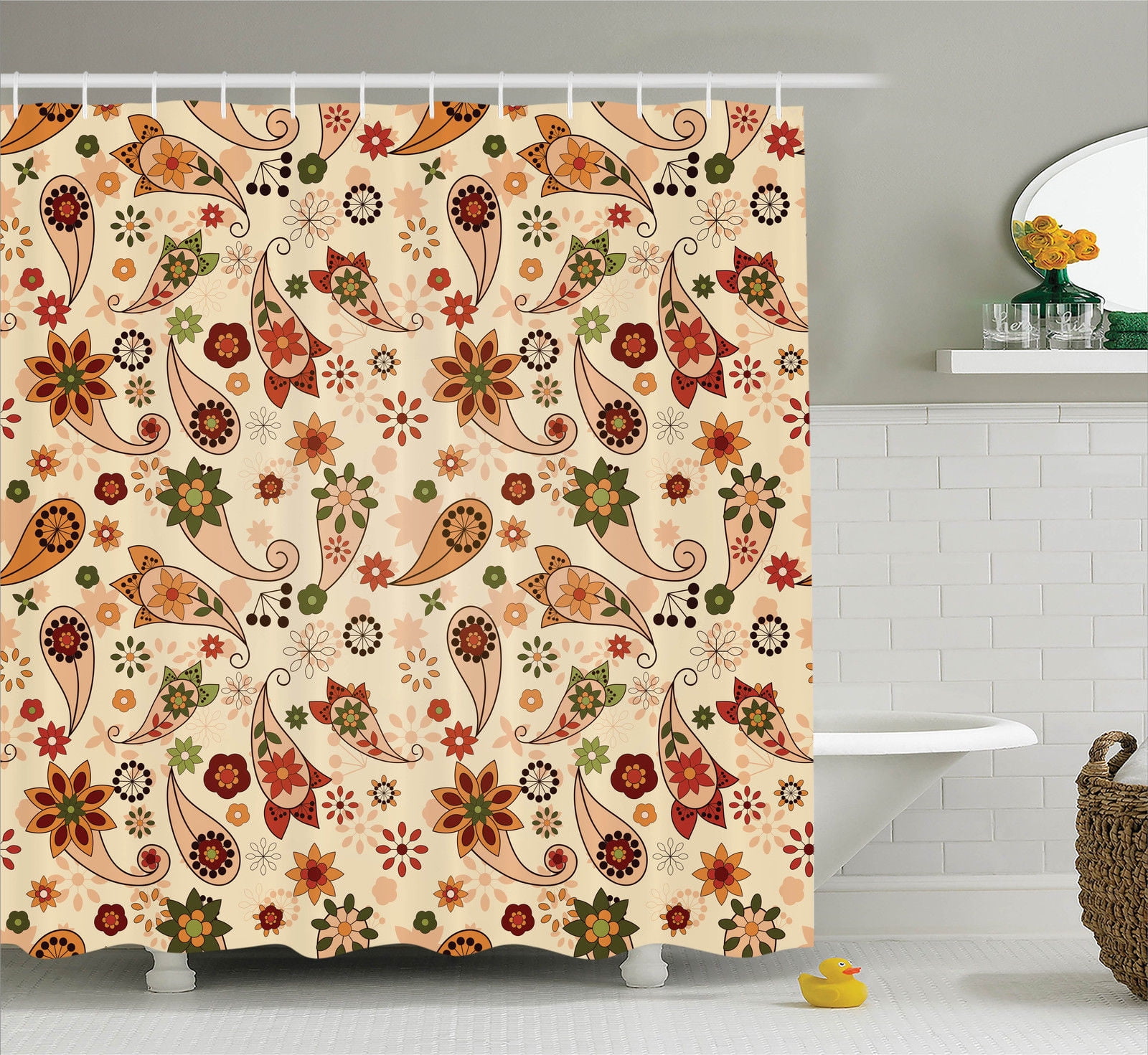 Paisley Decor Shower Curtain Set, Floral Design Print With Spring