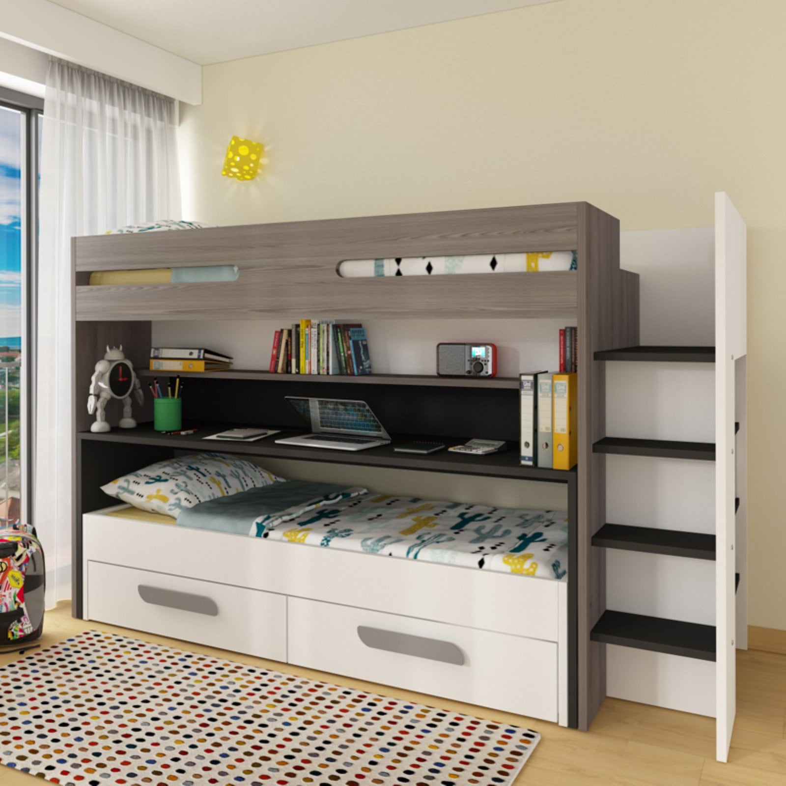 Parisot Bo10 Twin Over Bunk Bed With Desk And Drawers