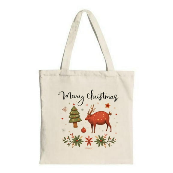Festive Canvas Tote Bag with Red Reindeer & Christmas Tree Design Perfect for Holiday Shopping Parties and Travel