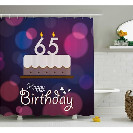 65th Birthday Decorations Shower Curtain, Birthday Ceremony Artwork with Cake Hand Writing Best Wishes, Fabric Bathroom Set with Hooks, 69W X 70L Inches, Blue Pink White, by