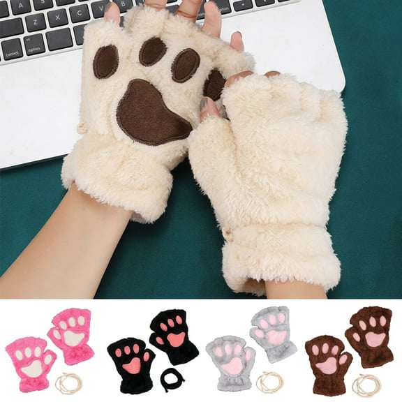 D-GROEE 1 Pair Cute Cat Kitten Paw Thickened Fingerless Plush Gloves Fluffy Half Finger Gloves for Girls Women