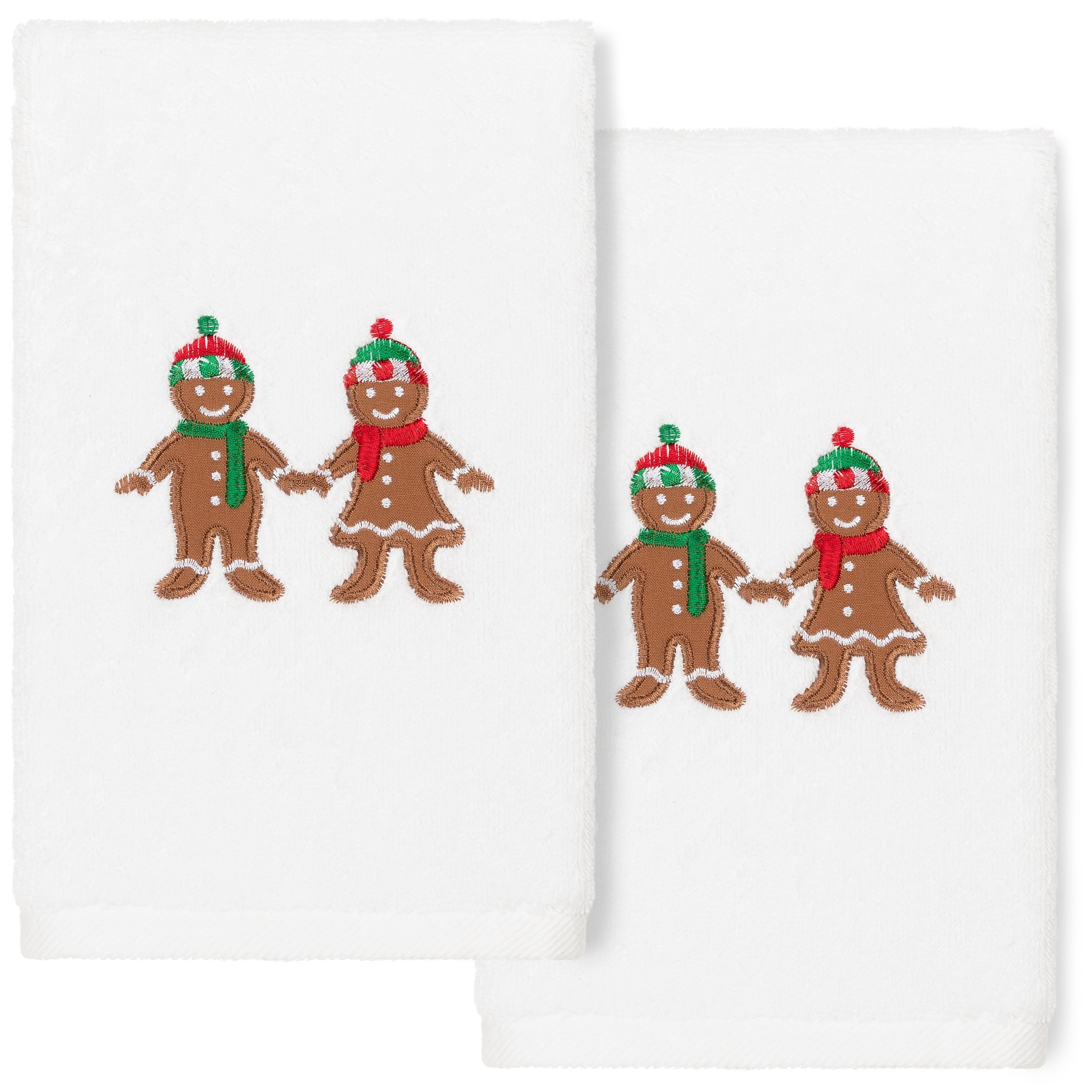 Linum Home Textiles Christmas Gingerbread Embroidered Luxury 100% Turkish Cotton Hand Towels (Set of 2)
