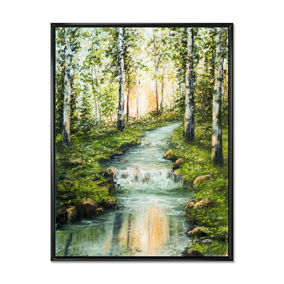 Designart 'River Through Green Birch Forest' Lake House Framed Canvas Wall Art Print