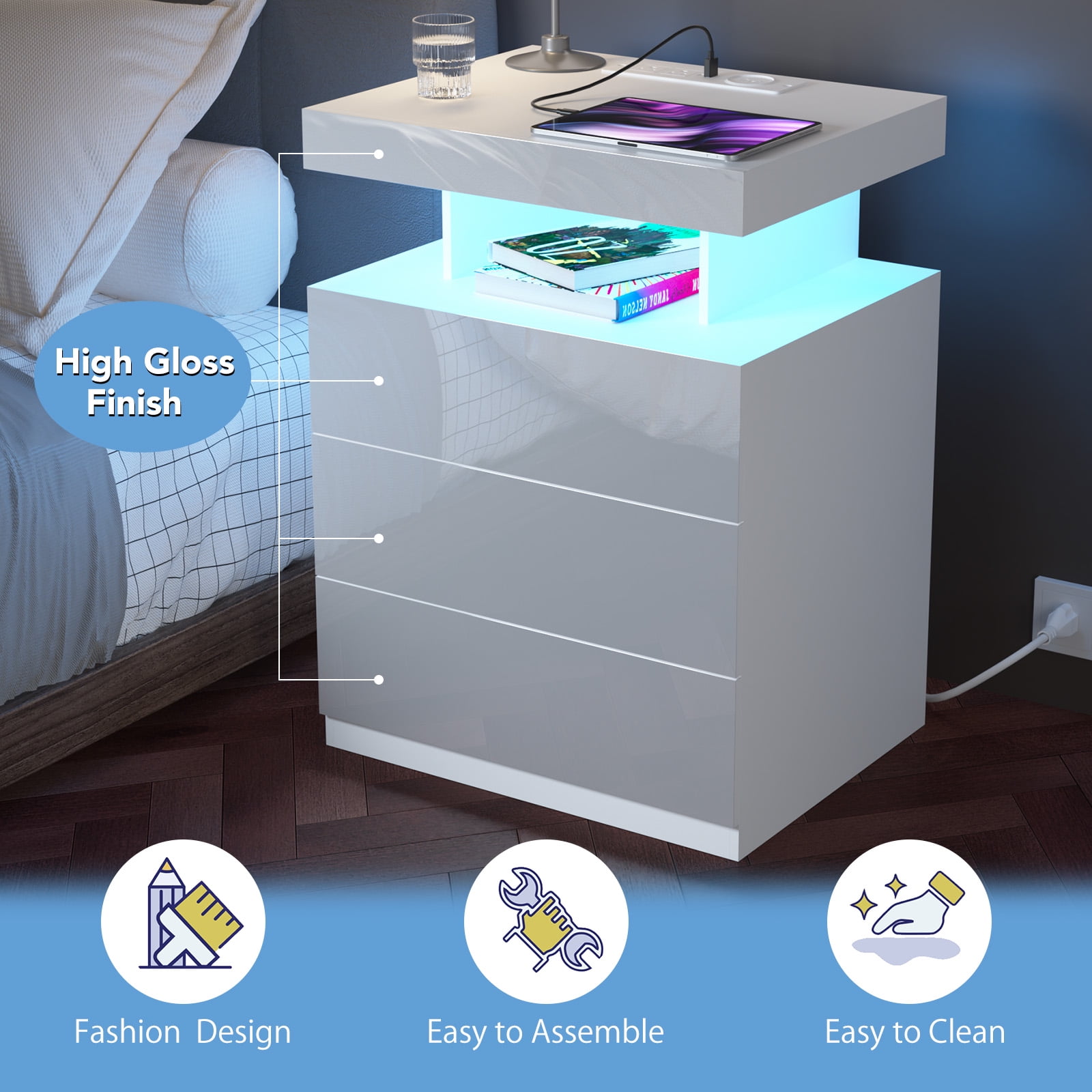 Hommpa Modern LED Nightstand with Charging Station USB Type C 3 Drawer Bedside Table High Gloss White Smart Nightstands End Side Table for Bedroom