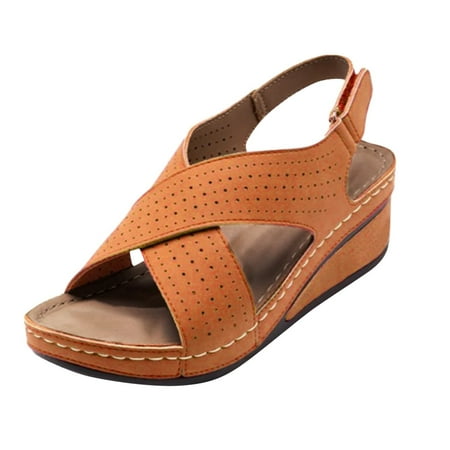 

iOPQO Women s sandals Women s Casual Fashion Slope HeelBreathable Hook&Loop Hollow Sandals Casual Wedge Velcro Cutout Yellow 39