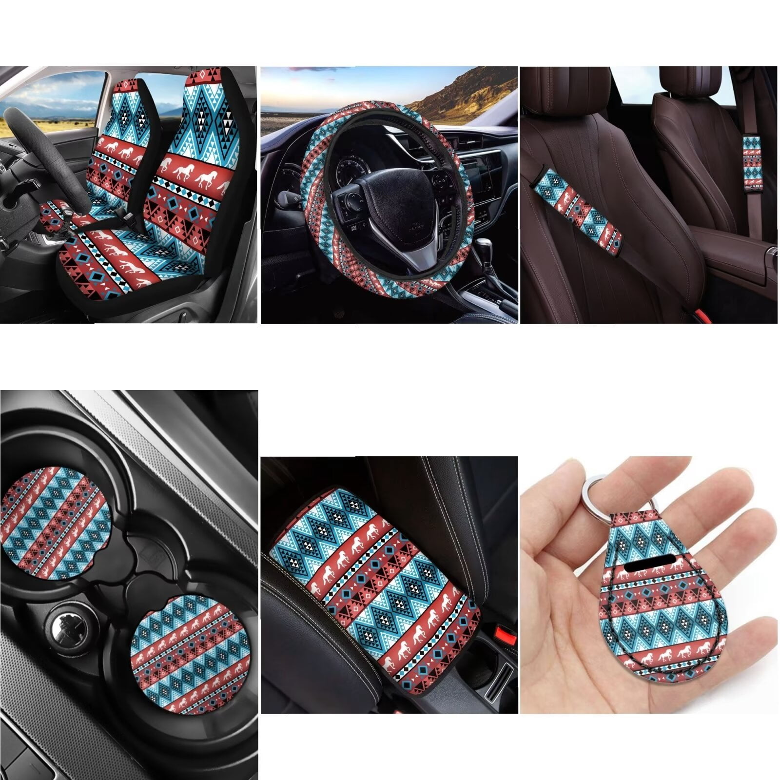 LedBack Aztec Najavo Car Seat Covers Full Set Breathable Horse Printed Car Front & Rear Seat Cover Soft Washable Steering Wheel Cover Armrest Pads Seat Belt Cover Coaster, Car Accessories Set