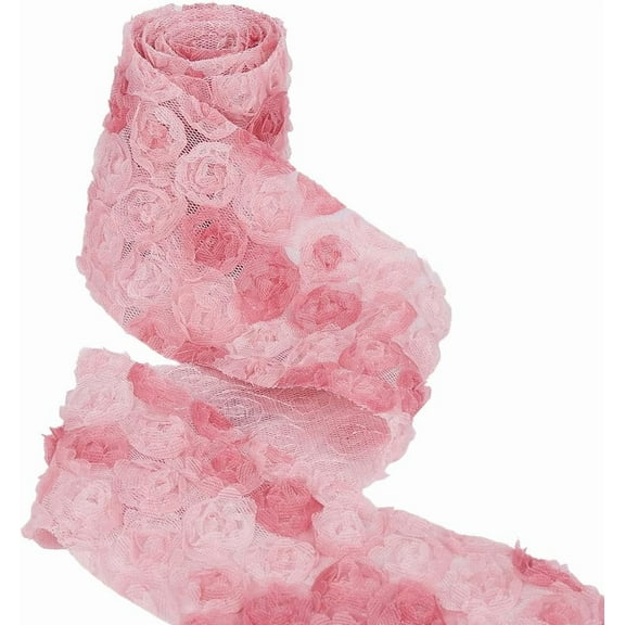 2.36 Inch Pink 3D Rose Ribbon Embroidered Colorful Flowers Lace Trims Polyester Single Face Fabric Appliques Elegant Ribbons for Sewing Making Hair Decoration Clothing Accessories DIY Craft