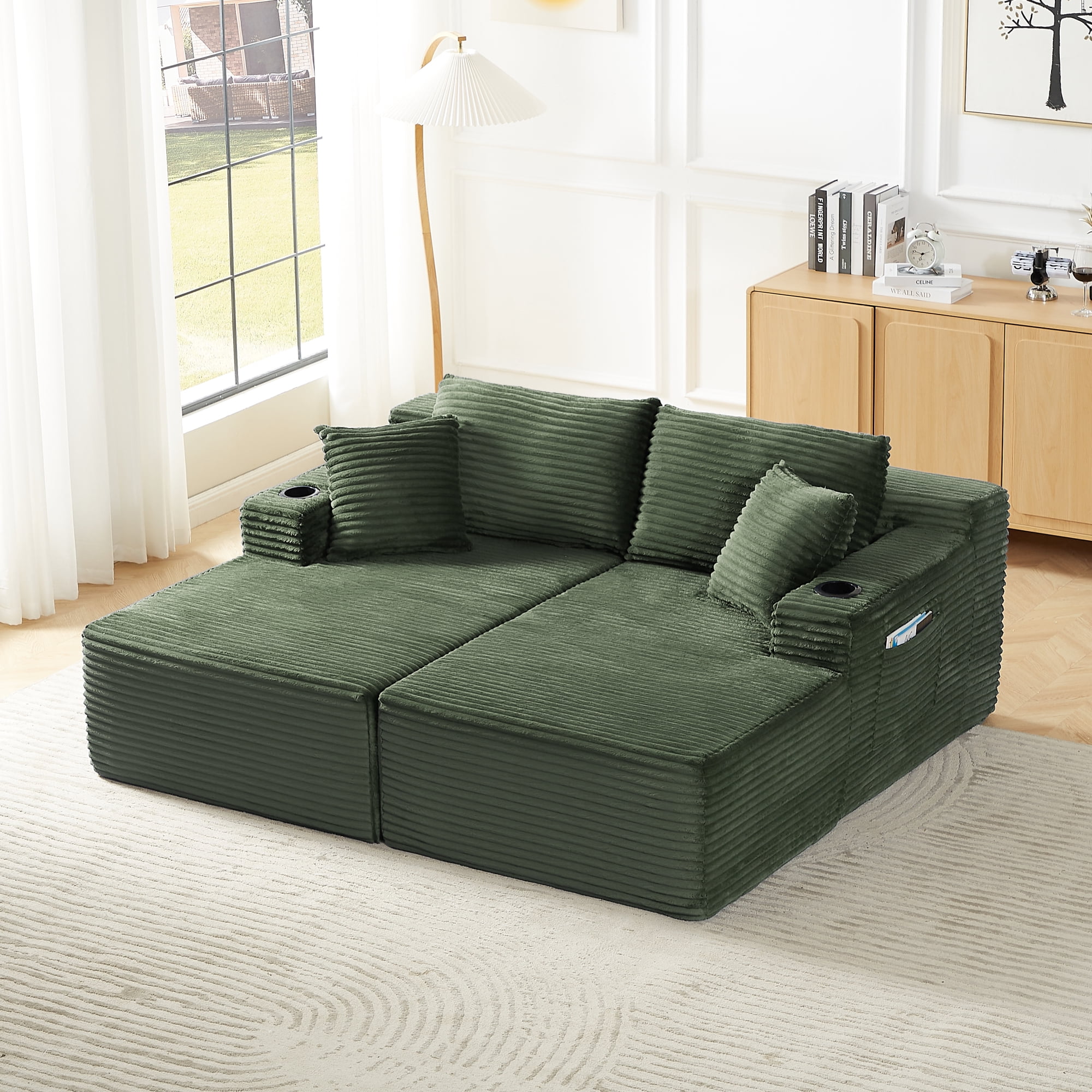 Leumius 133" Oversized Boneless Sectional Couches for Living Room,Modern Corduroy U Shaped Modular Sectional Sofa with Deep Seat,6-Seat Cloud Couch with Cupholders and Side Pockets,No Assembly,Green