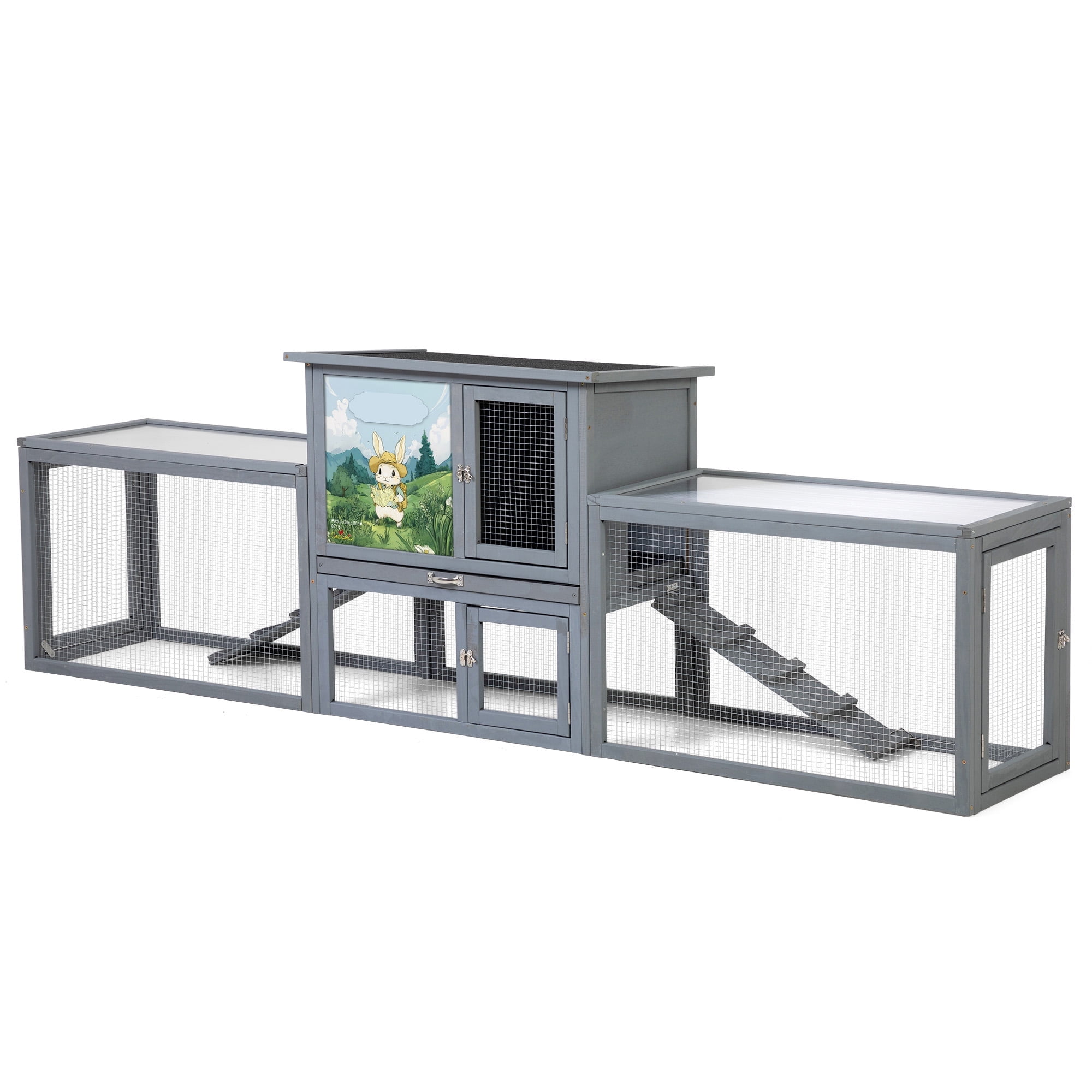 Outdoor 2-Story Rabbit Hutch, Chicken Coop,Large Bunny House with 2 Runs, Resting Room, PC Sun Roof, Pull-Out Tray,Guinea Pig Cage Enclosure