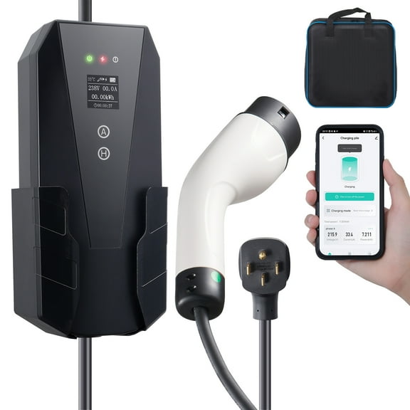 KFFKFF Portable Charger for Electric Vehicles, Level 2, 32 Amp 240V, Equipped with 28 ft Charging Cable and NEMA 14-50P Plug, Adjustable Current 16/20/24/32A