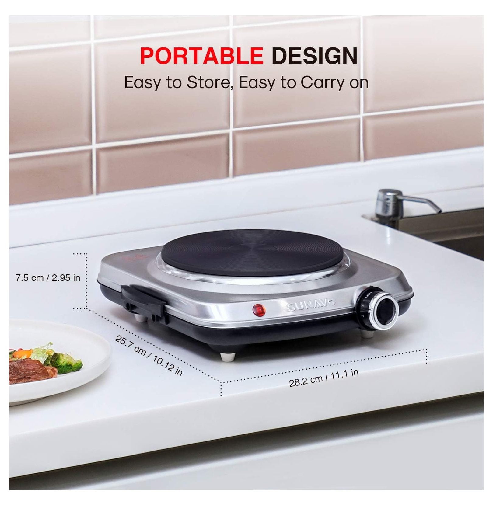 SUNAVO 1500W Hot Plates for Cooking, Electric Single Burner with Handles, 6 Power Levels Stainless Steel Hot Plate for Kitchen Camping RV and More Silver