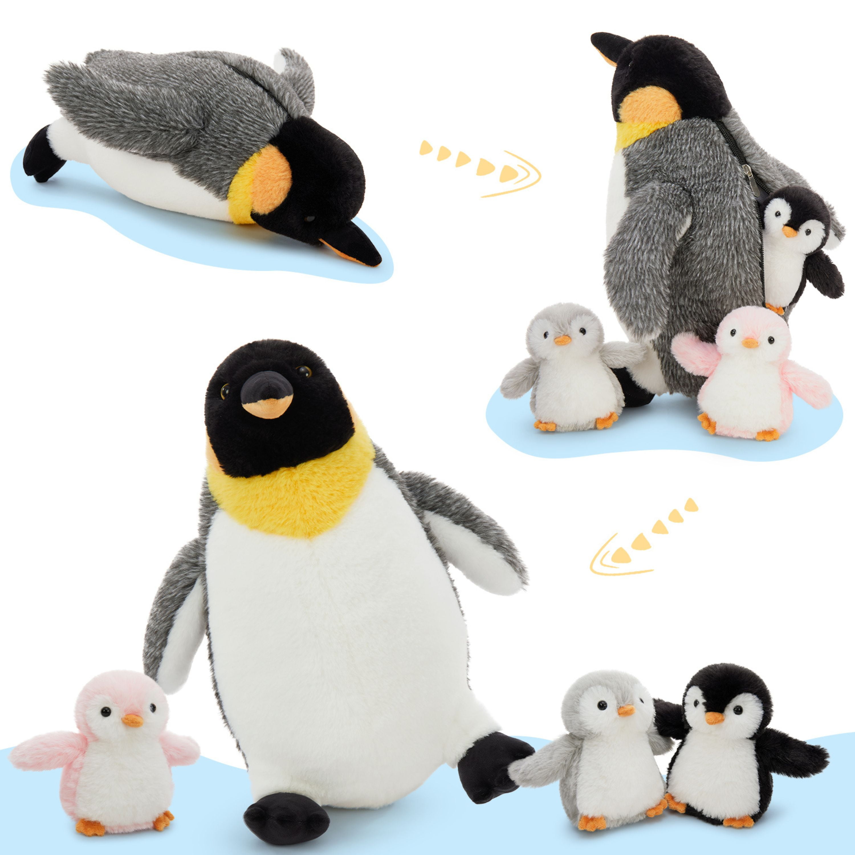 Muiteiur 4 Pieces 14'' Wind Up Penguin Stuffed Animals Mommy Penguin Plush Toy with 3 Babies