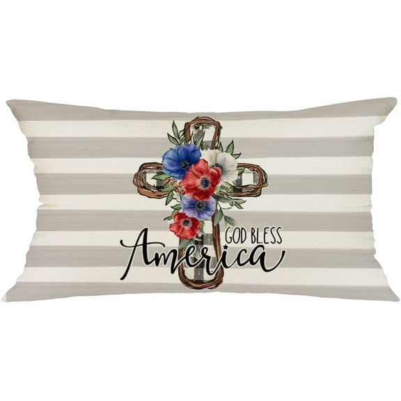 Patriotic Pillow Cover 12X20 Inch God Bless America 4th of July Decor Independence Day Decorations Memorial Day Striped Cushion Case for Sofa Couch GL074-12