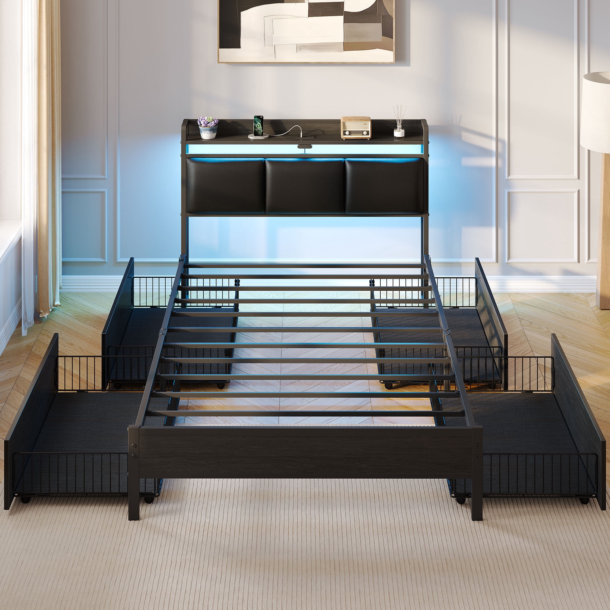 Greenstell Twin Size Bed Frame with Storage Headboard, LED Lights, Charging Station, 4 Drawers, Heavy-Duty Metal Platform Bed with USB & Type-C Ports,Black