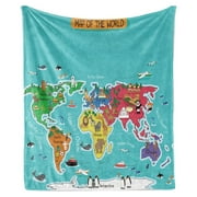 YOSITiuu World Map Throw Blanket, Colorful Map Playroom Theme Cartoon Continents, Flannel Fleece Accent Piece Soft Couch Cover for Adults, 60" x 80", Yellow Blue