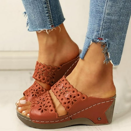 

HIBRO Ladies Fashion Solid Color Flower Embroidered Cutout Platform Wedge Roman Sandals